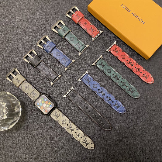 Leather Monogram Apple Watch Bands Leather Blue-YH24422